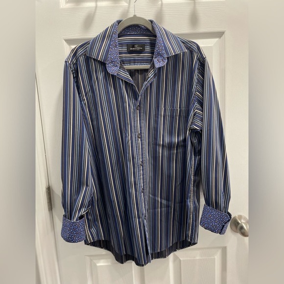 Bugatchi Uomo Men's Striped Shirt Size Large Black Blue Grey - Picture 1 of 5